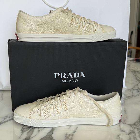 Prada Milano 2EE448 Mens White Pebbled Leather Low Top Sneakers, UK 10 main image 10
